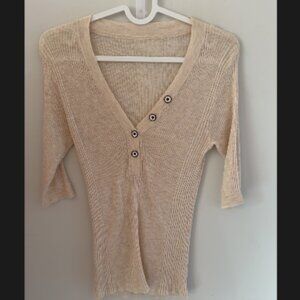 Beige Ribbed V-Neck Button Top
